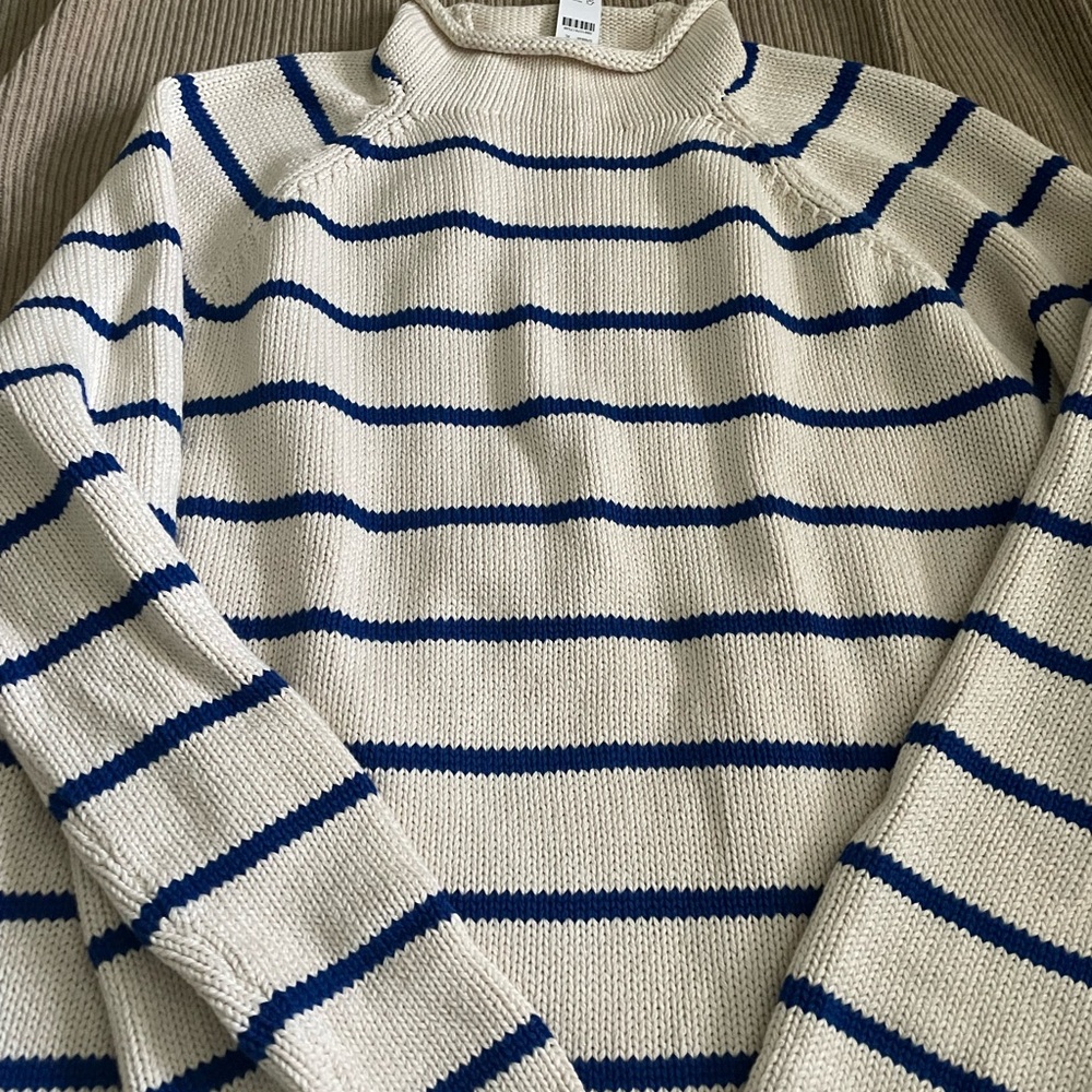 J. Crew Cotton Rollneck Striped Cream and Blue Sweater XL
